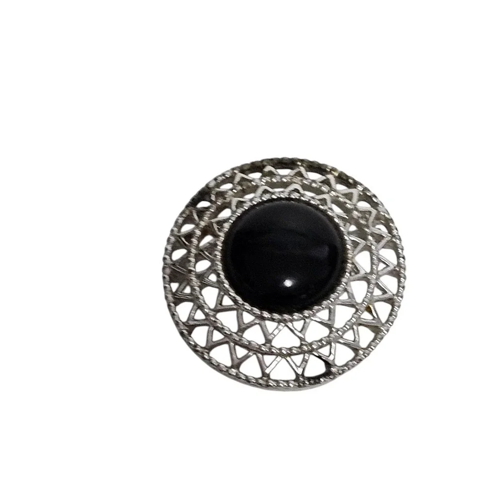 Sarah Coventry Vintage Brooch Pin Black Cabochon Round Silver Tone Costume‎